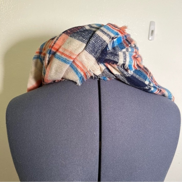 Oversized Blanket Scarf Cream Red Blue Plaid - Picture 5 of 5